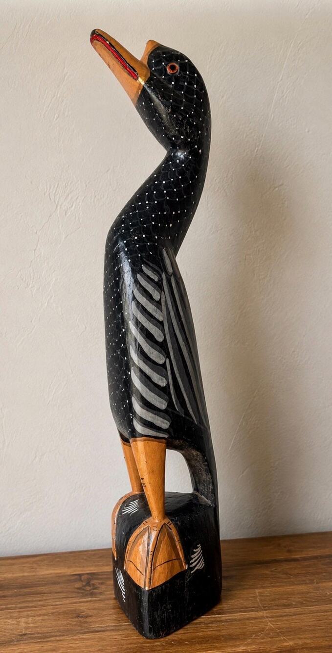 Vintage Hand Carved Wooden Duck Sculpture: Black Folk Art Bird, Rustic Decor
